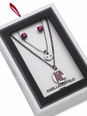 Karl Lagerfeld Paris Pink Crystal Layered Necklace & Earrings Set NIB